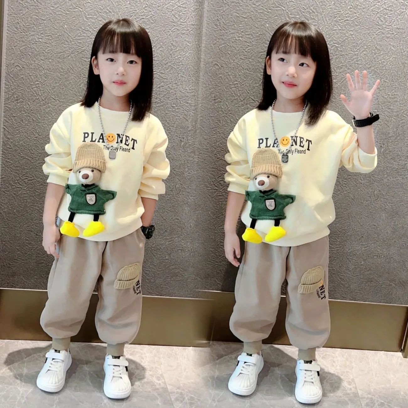 女童加绒卫衣套装2023新款秋冬季儿童立体帽子小熊休闲春秋两件套