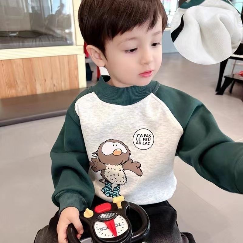 童装印花加绒卫衣2023秋冬新款韩版帅气卡通一体绒上衣男童卫衣
