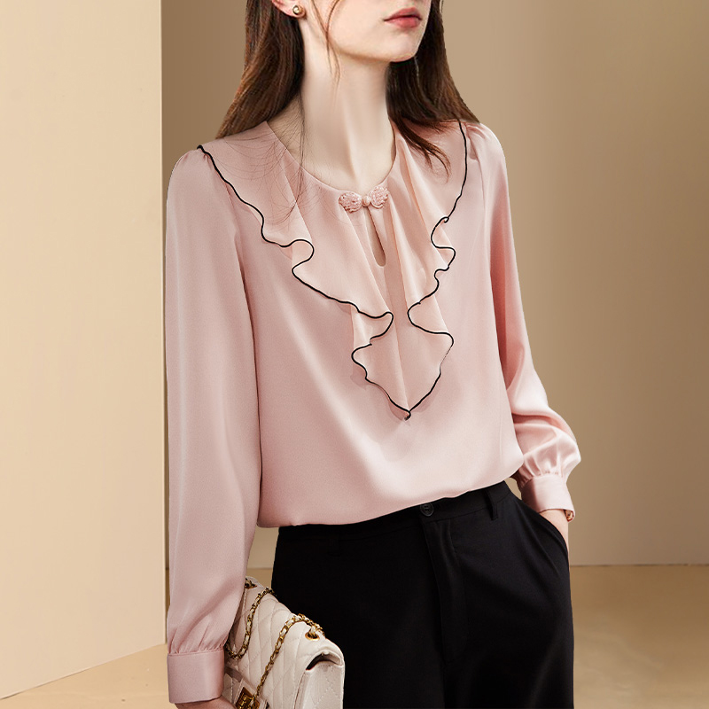 淑女风优雅气质衬衫春装女2024年新款纯色荷叶领长袖衬衣T0208