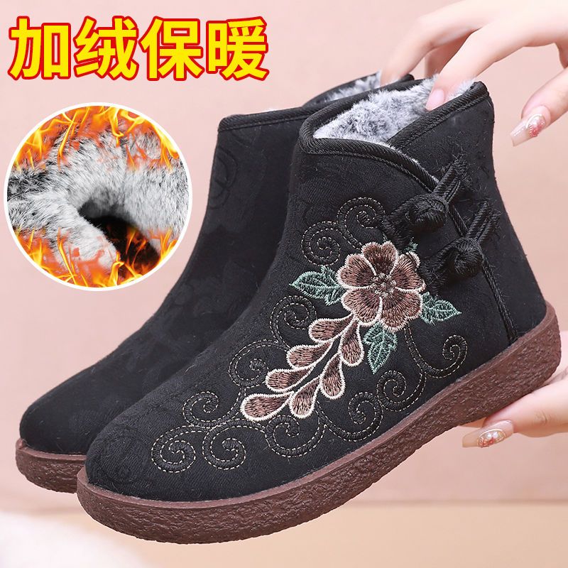 冬季老北京布鞋女棉鞋复古民族风绣花加绒保暖软底防滑平底妈妈鞋