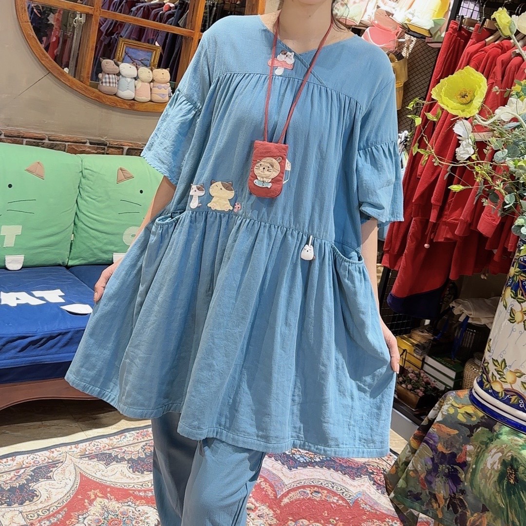 HIKOSEN CARA/卡拉猫双层棉麻纱连身裙