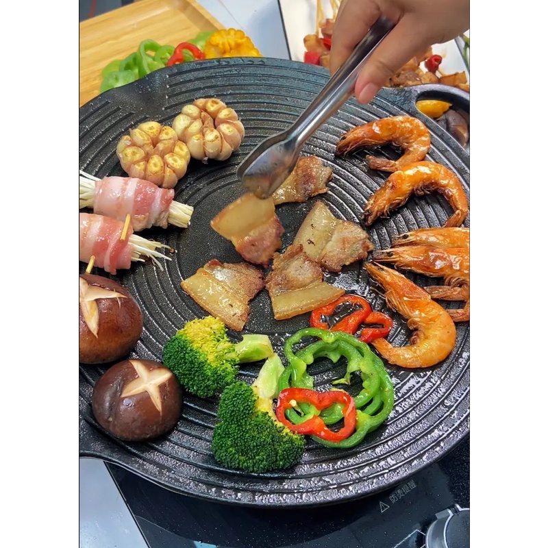 铸铁烤肉盘螺纹煎盘不粘锅煎蛋平底锅户外露营野炊烧烤聚会家用