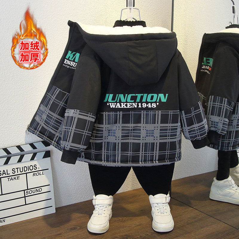 男童秋冬装加绒加厚派克服新款时髦洋气棉袄保暖男孩帅气大衣外套