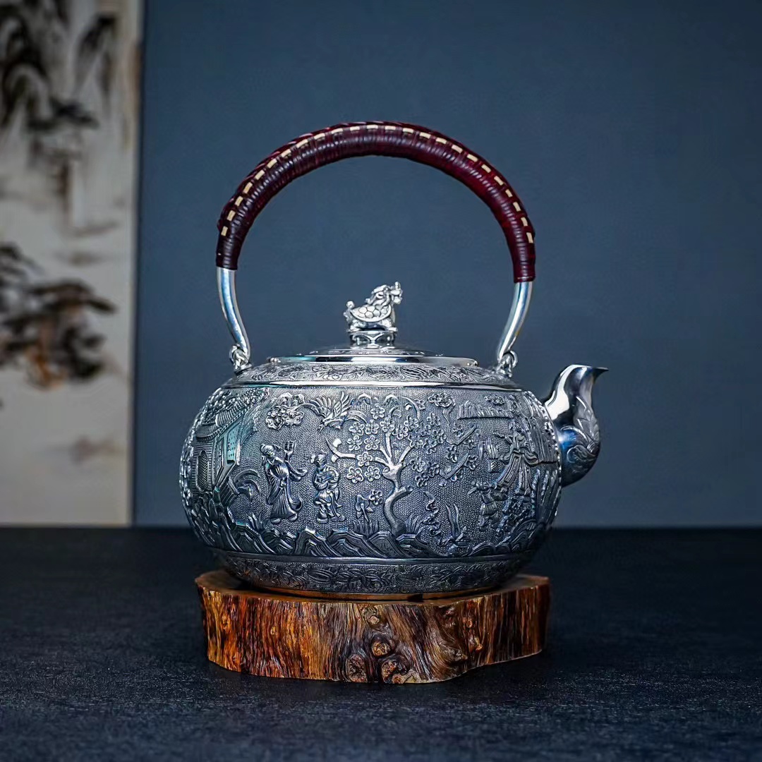 【半山工坊】纯手工高工錾刻琴棋书画烧水壶家用银壶足银999银茶具