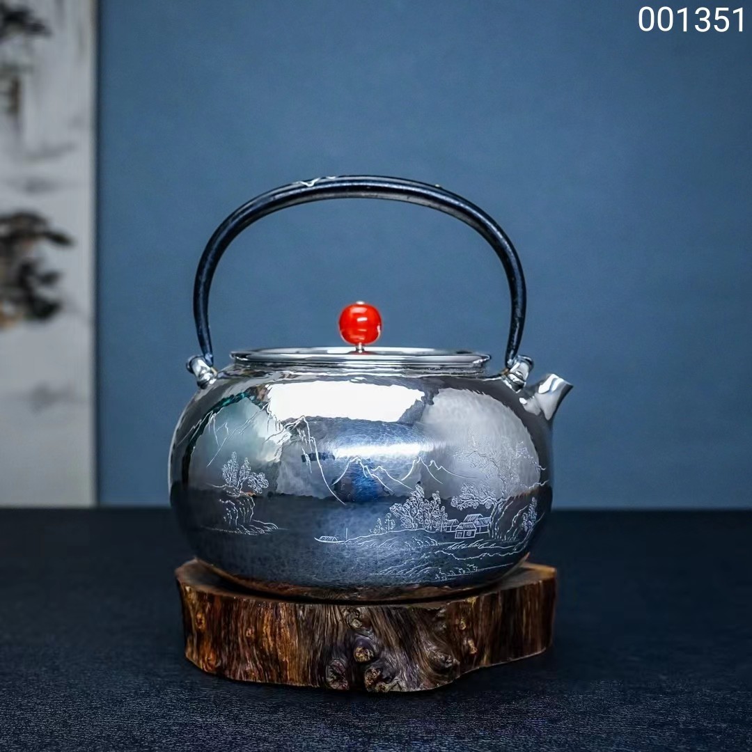 【半山工坊】纯手工一张打錾刻山水烧水壶家用银壶足银999银茶具