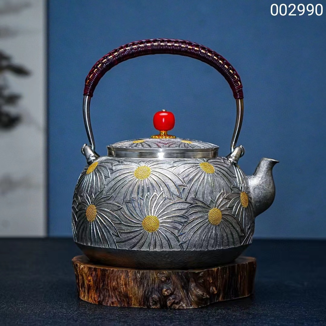 足银玻璃银制品 【半山工坊】纯手工一张打手工錾刻太阳花烧水壶