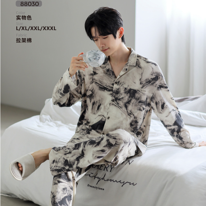 睡衣男士长袖纯棉休闲秋冬季宽松印染套装家居服88030