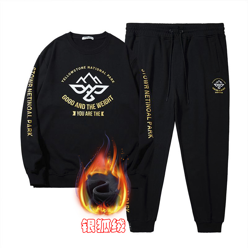 LIUGEJIA/六个加加厚潮牌大码潮流男士圆领印花加绒运动套装宽松