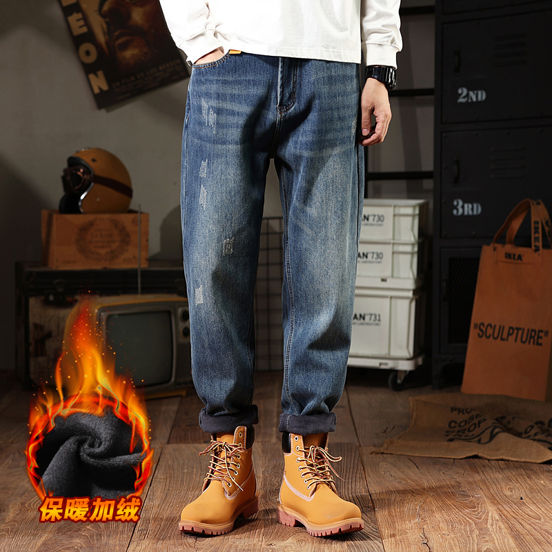LIUGEJIA/六个加男士大码秋冬款百搭弹力松紧腰男加绒牛仔裤2025