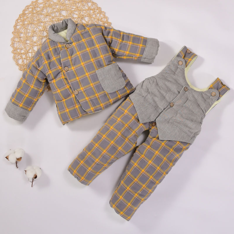宝宝手工棉衣花水洗棉格子儿童棉服婴幼秋冬加厚棉袄棉裤套装
