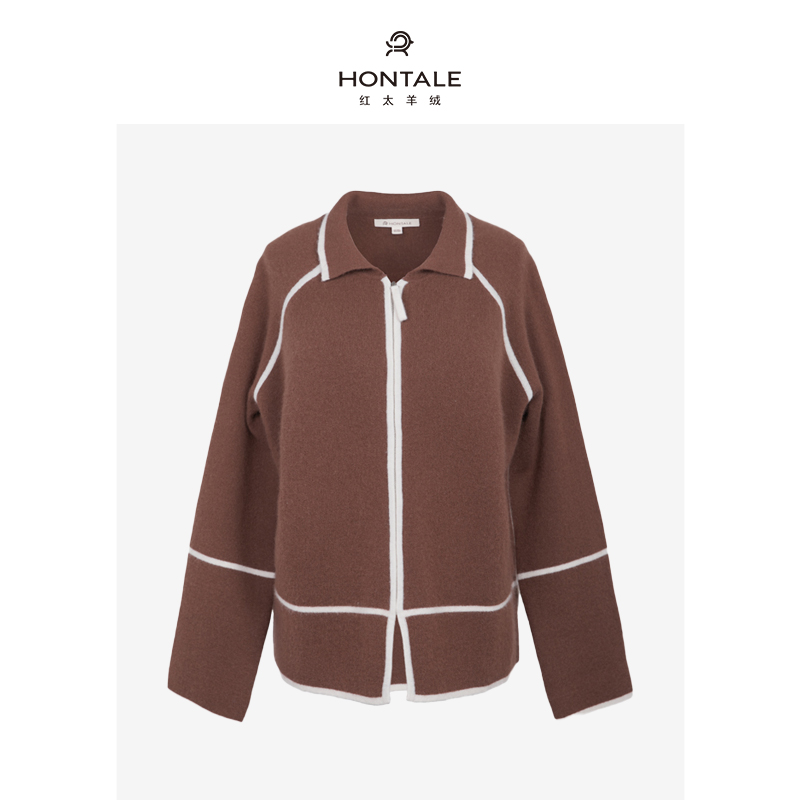 红太时尚针织秋冬翻领撞色线条女休闲外套秋季简约通勤111WX532