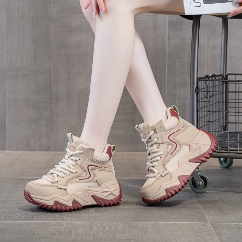 高帮潮鞋女2025秋冬新款百搭时尚真皮加绒保暖休闲增高厚底运动鞋