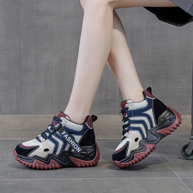 运动鞋女2025春季新款百搭休闲真皮透气网面拼色厚底增高帮老爹鞋