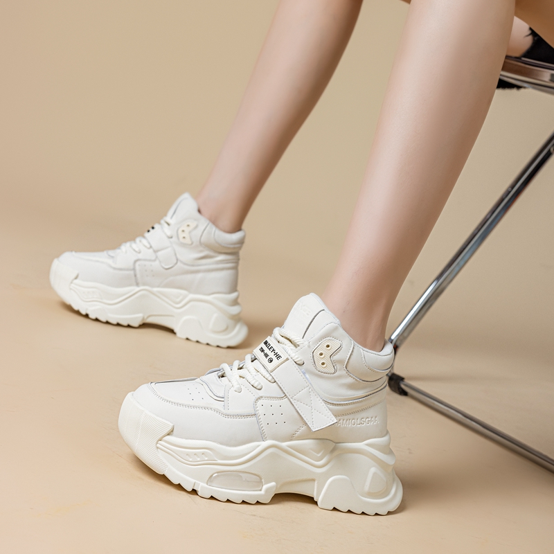 高帮鞋女2025春季新款百搭时尚真皮白色休闲鞋厚底增高运动老爹鞋