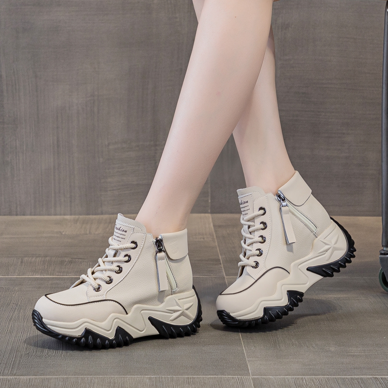 高帮潮鞋女2024秋季新款百搭时尚拼色真皮松糕厚底老爹鞋休闲靴子