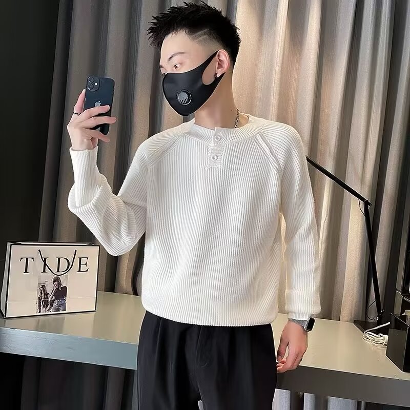 韩版秋冬纯色落肩针织衫男休闲时尚百搭日常打底时尚青年毛线衣潮
