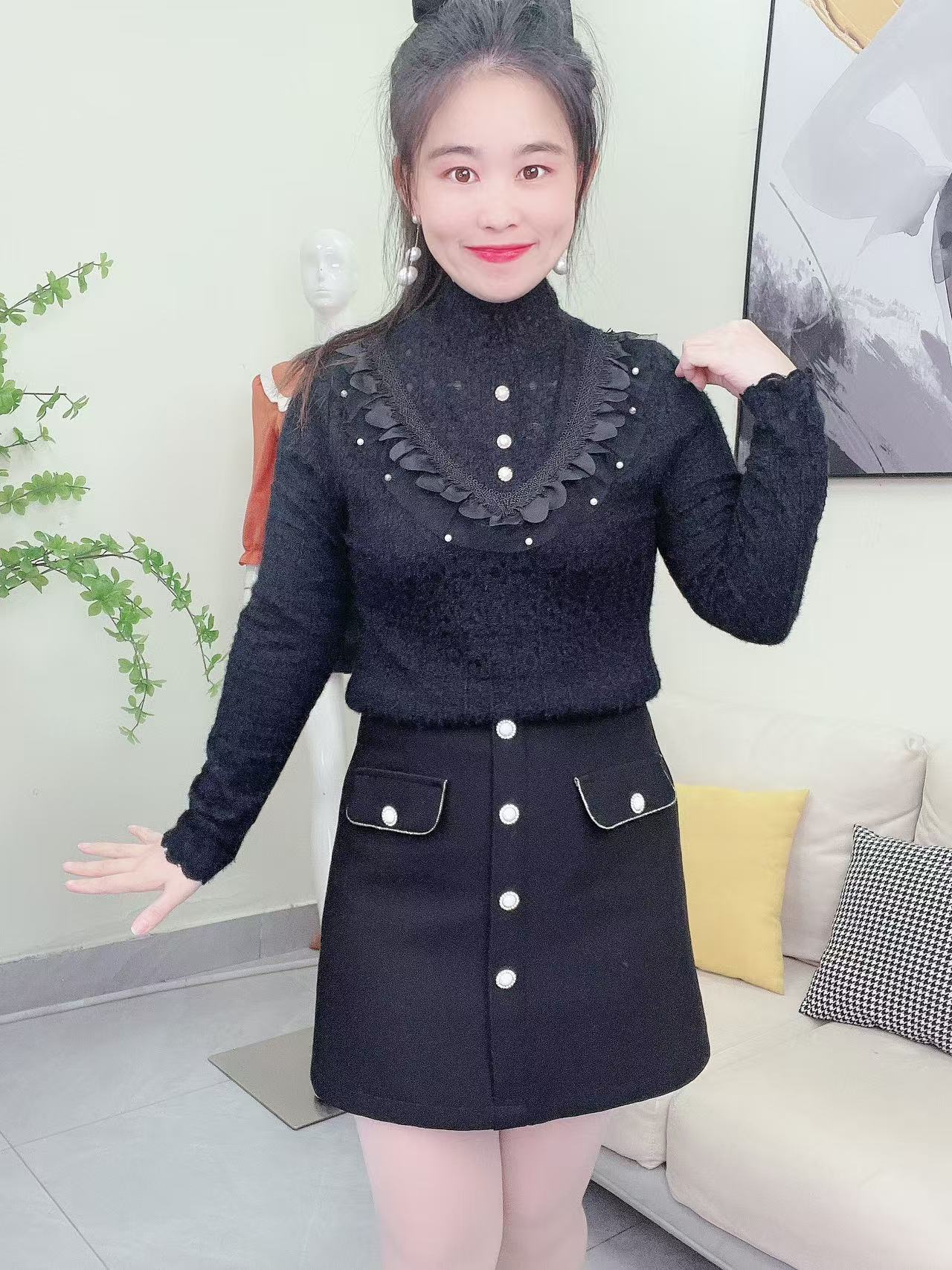 淑女日记（0916）半高领钉珠蕾丝花边时尚百搭女士长袖修身打底上衣