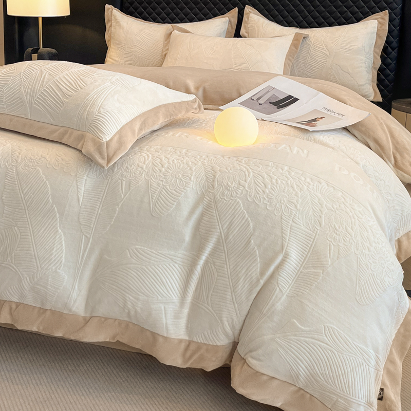 【高端牛奶绒四件套】冬季双面绒被套轻奢宽边刺绣加厚保暖加绒床单