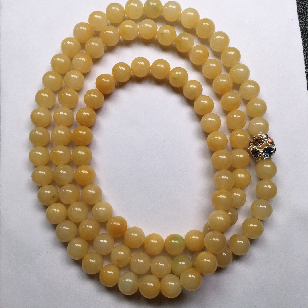 百年翡翠 冰润精美黄翡圆珠项链 尺寸6.8mm