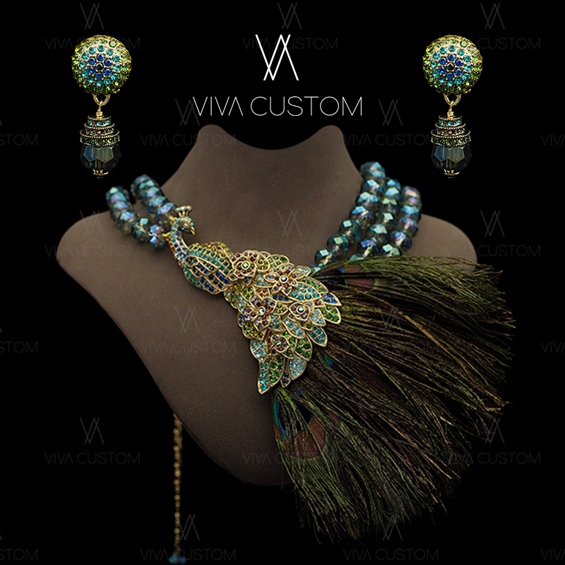 合金合成锆石项链 (HD系列)欧美时尚个性长款孔雀羽毛套装-项链