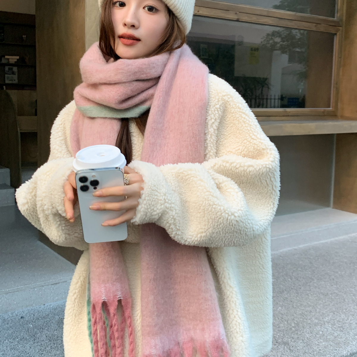 2023边缘拼色女围巾仿羊绒披肩流苏大辫子韩范休闲百搭甜美风森系