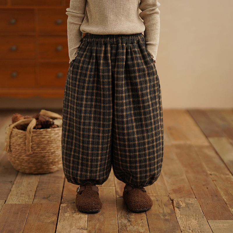 儿童加绒格子灯笼裤百搭女童森系复古长裤宝宝休闲保暖裤子冬季爆