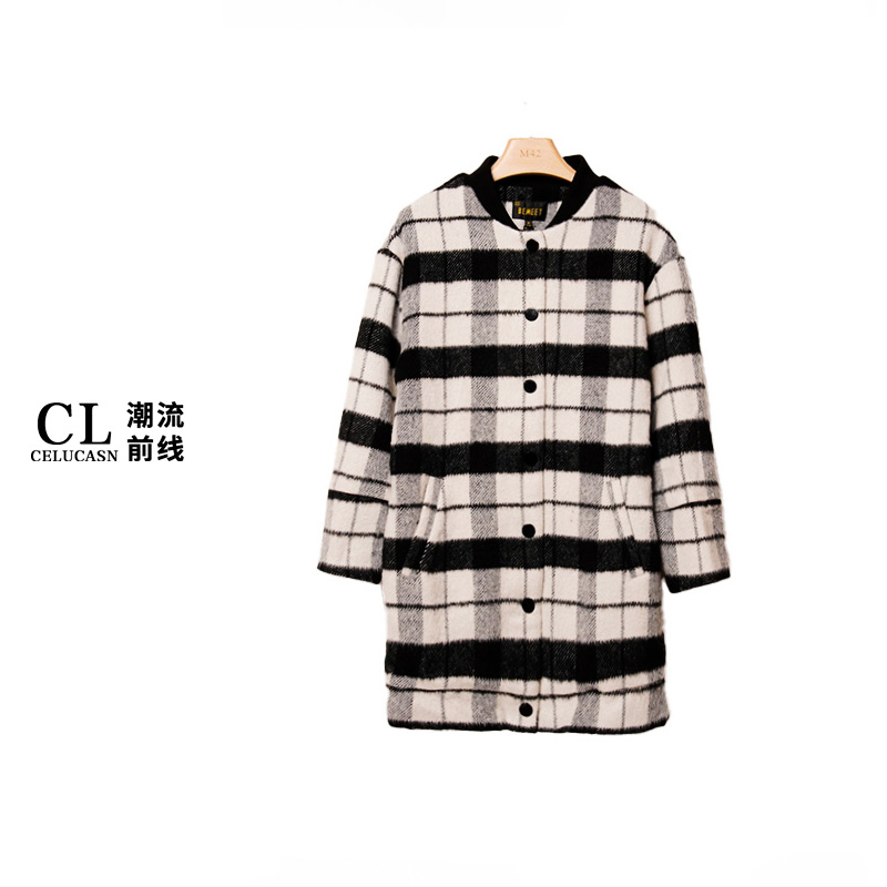 B6VIN280#黑白格女中长款单排扣时尚潮流毛呢外套