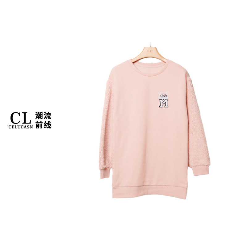 M5VB2920#拼接卫衣女韩版圆领狐狸套头宽松休闲上衣外套