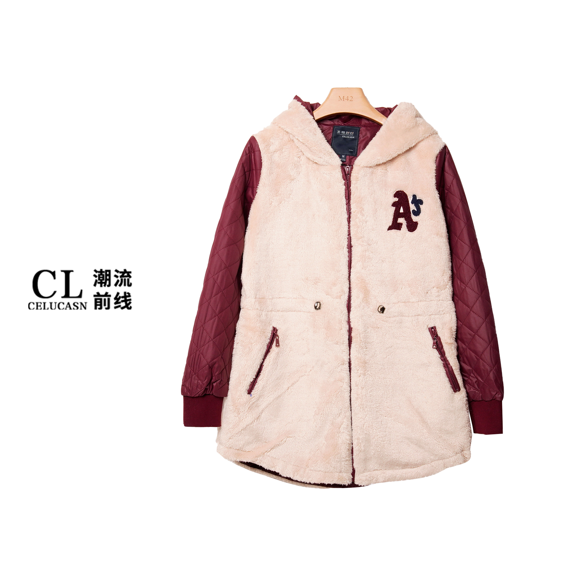 Y4WB70426#秋冬款棉服洋气时尚拼接字母中长款毛呢大衣秋