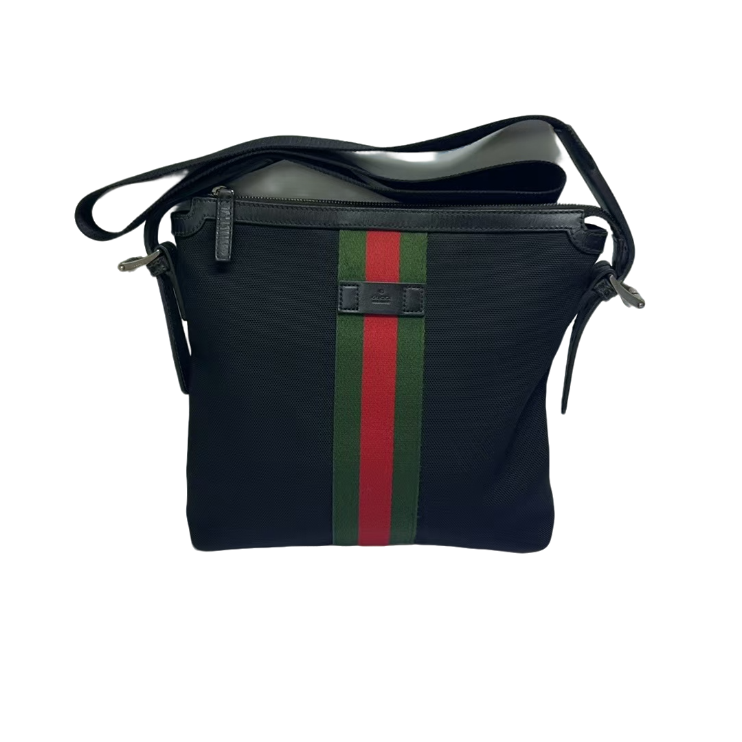 95新 GUCCI/古驰 古驰经典红绿织带帆布斜挎包（556190）