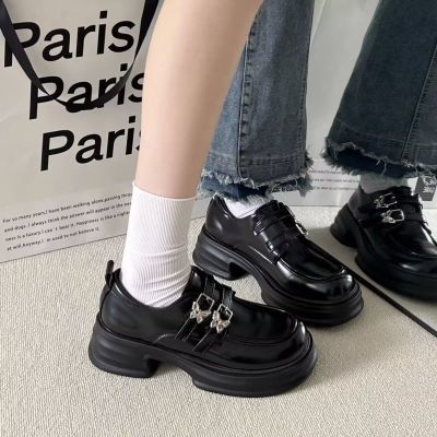 鞋子女鞋皮鞋单鞋百搭黑色春季厚底春秋夏季粗跟圆头秋季