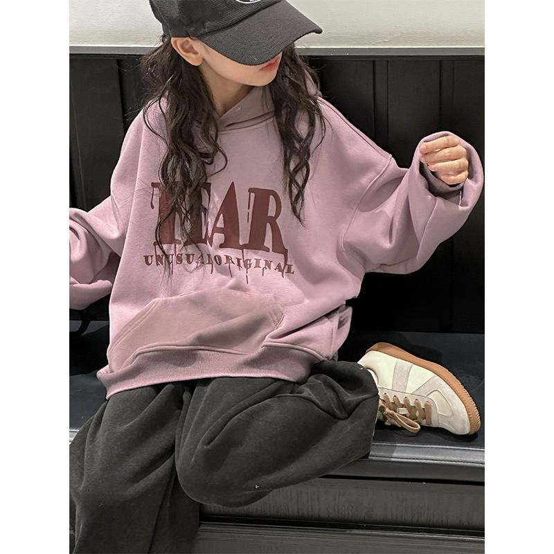 女童新款秋冬儿童韩版洋气加绒加厚连帽卫衣加绒裤两件套