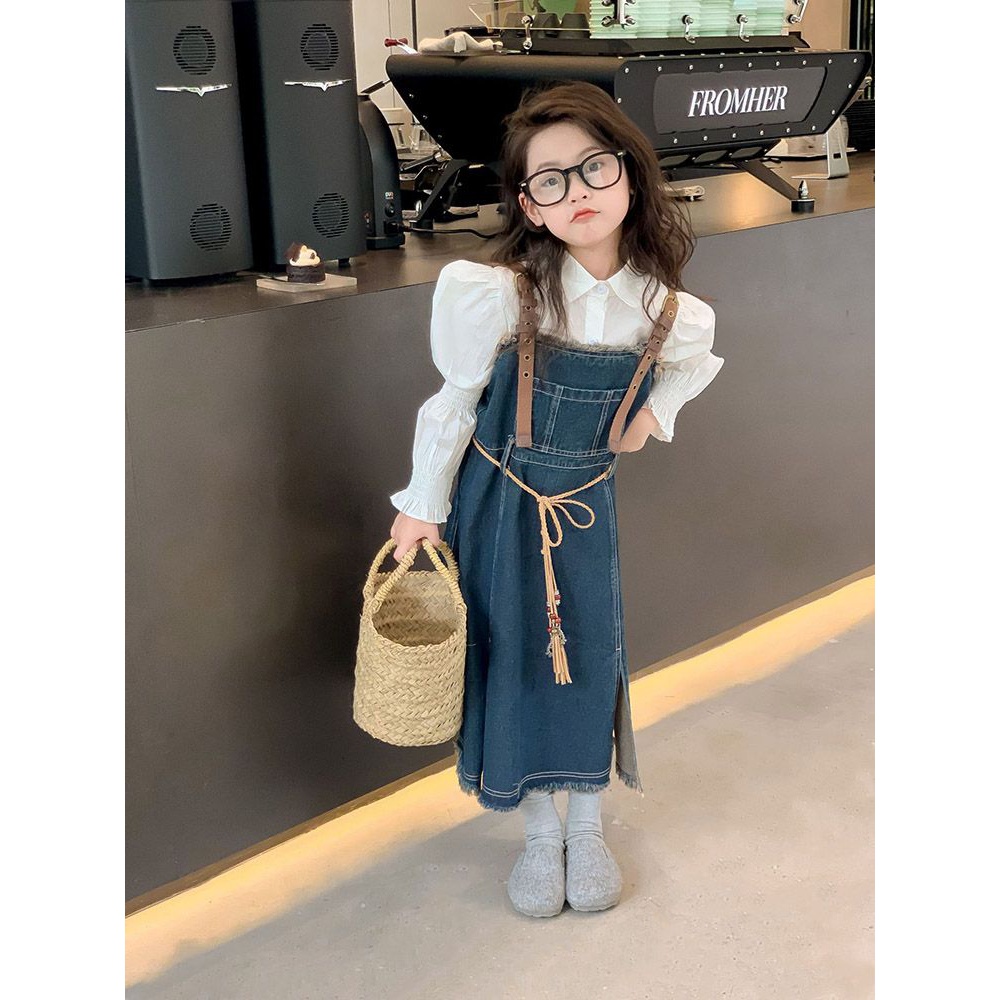 女童秋款牛仔背带裙套装新款时尚高级感两件装洋气泡泡袖衬衫儿童
