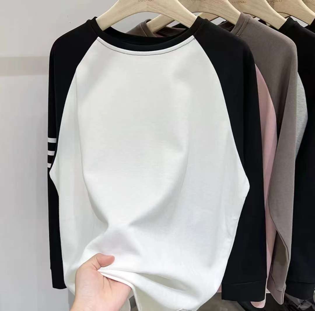 春秋款三条杠插肩长袖T恤百搭款