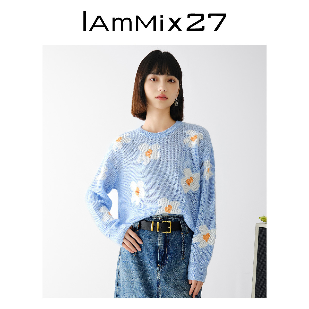 Iammix27圆领套头毛衣女宽松马海毛绵羊毛混纺休闲毛衫女M4A5091