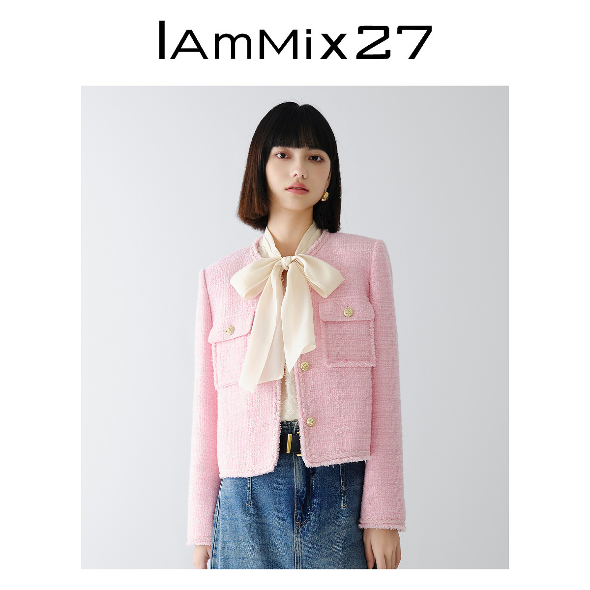 Iammix27小香风粗花呢外套女绵羊毛混纺毛须边圆领上衣女M4A3075