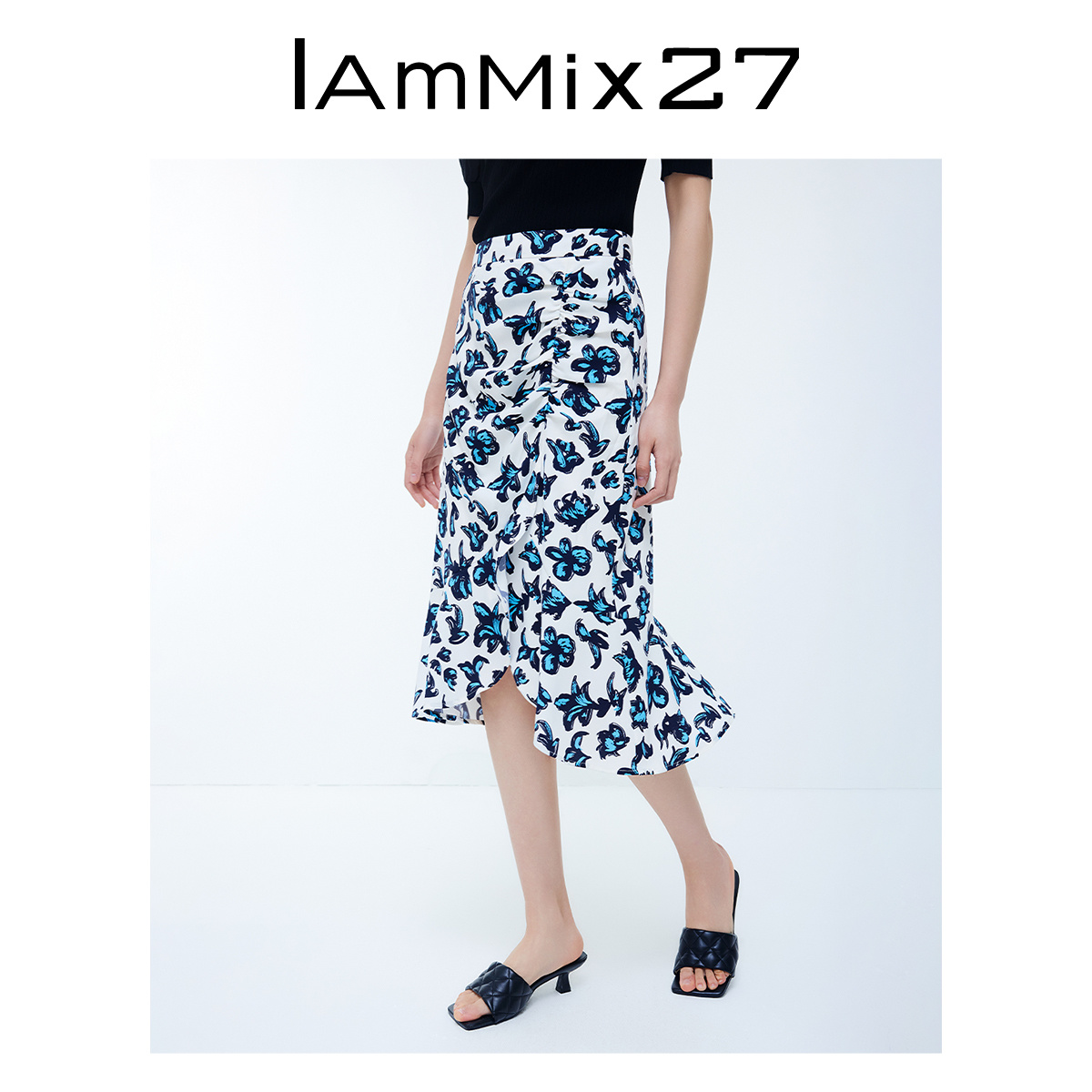 Iammix27夏季雪纺半身裙女个性不对称抽皱开衩印花A字裙M3B6057