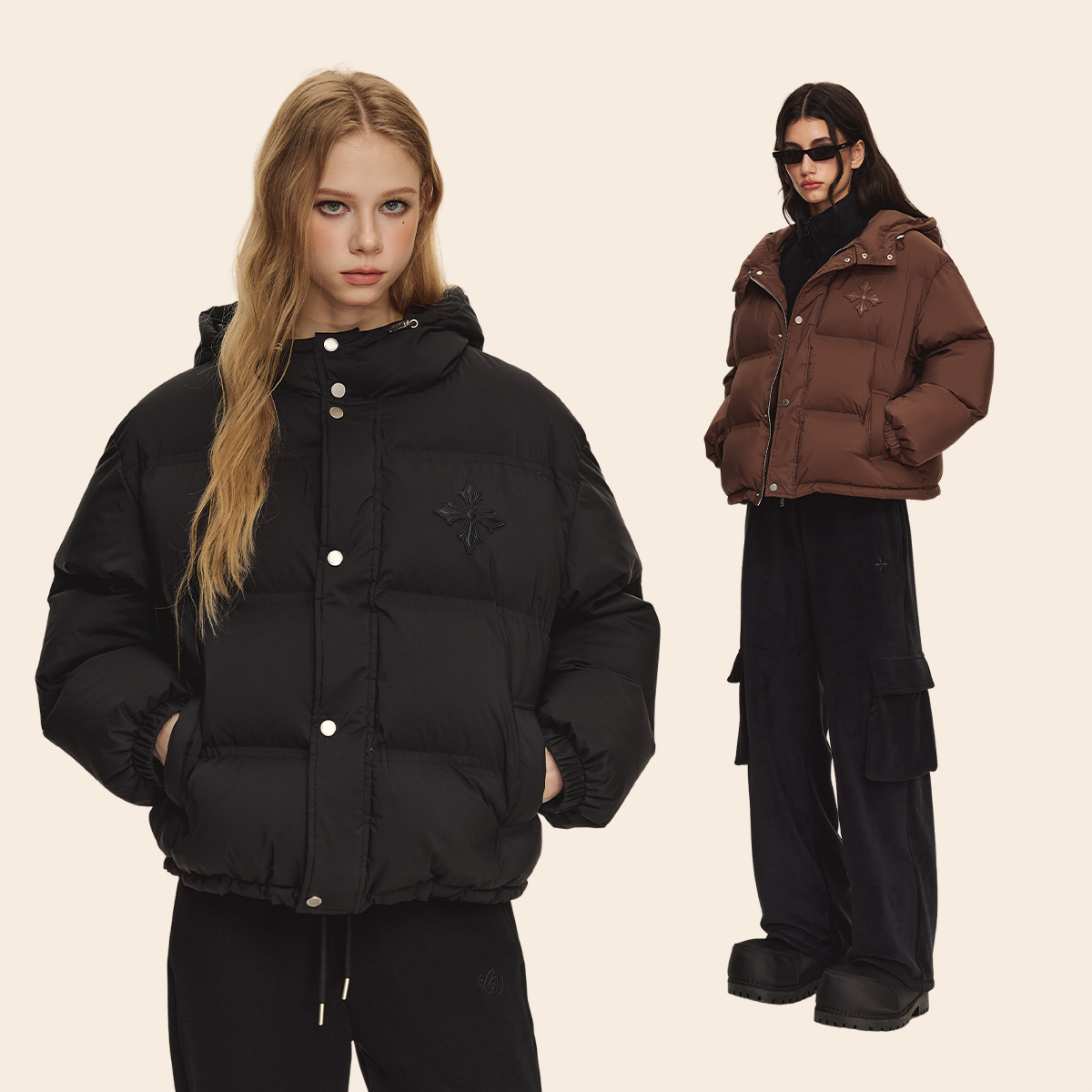 CLIMAX VISION十字花皮标刺绣防泼水连帽面包羽绒服女保暖外套