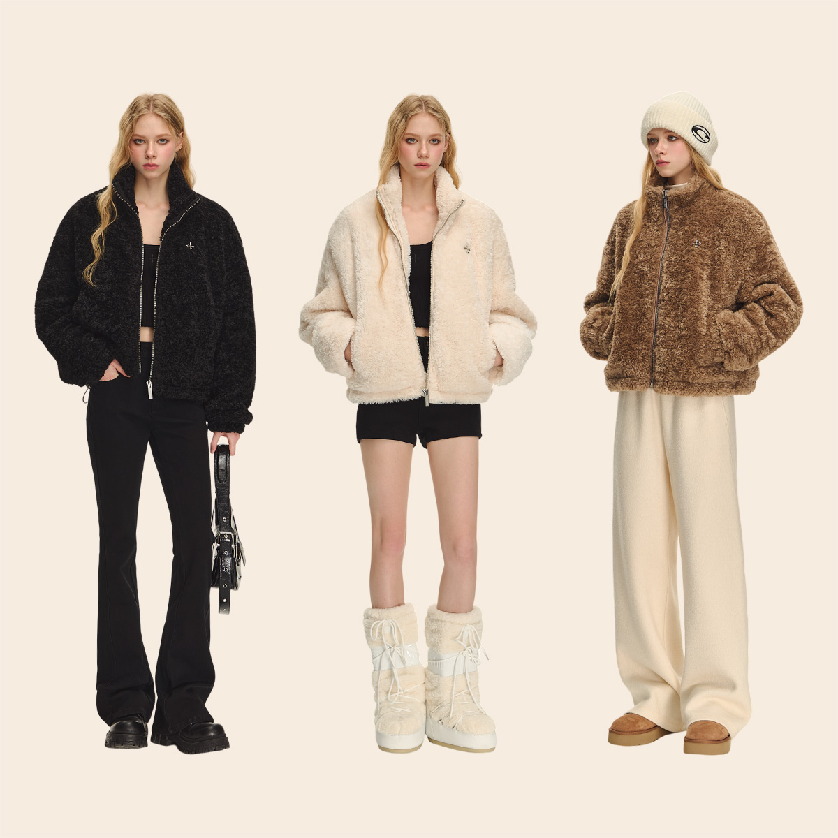 CLIMAX VISION十字花金属标柔软卷卷毛慵懒风保暖立领外套夹克女