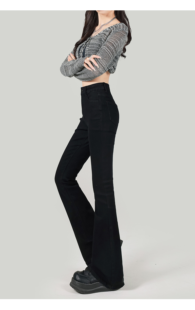 黑色加绒休闲裤女2024秋冬新款修身喇叭裤纯色高腰瘦腿裤休闲裤