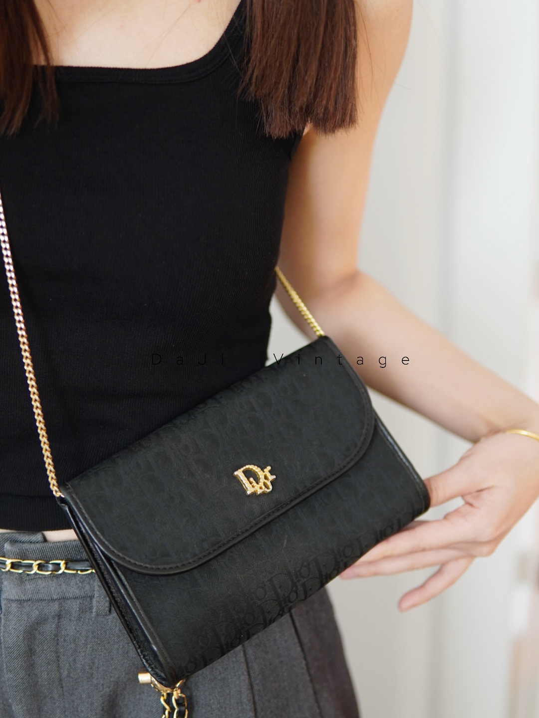 95新 DIOR/迪奥 大吉中古/Dior黑金老花信封woc斜挎包
