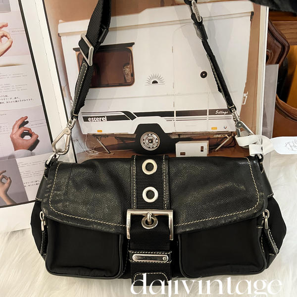 大吉中古/PRADA普拉达黑银双口袋机车单肩包