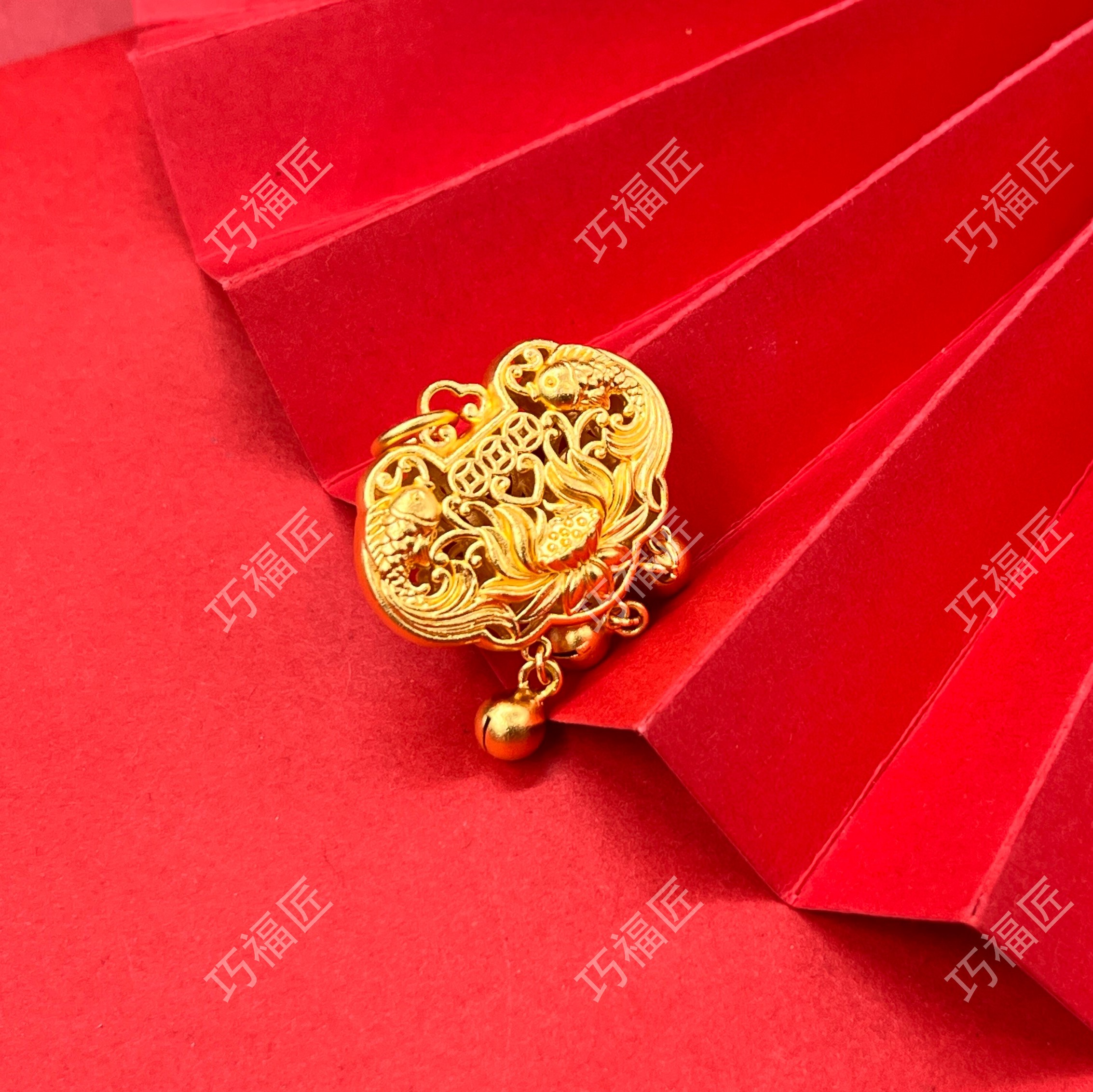 吊坠足银 双鱼荷花锁吊坠工艺古风雕刻百搭精美双面