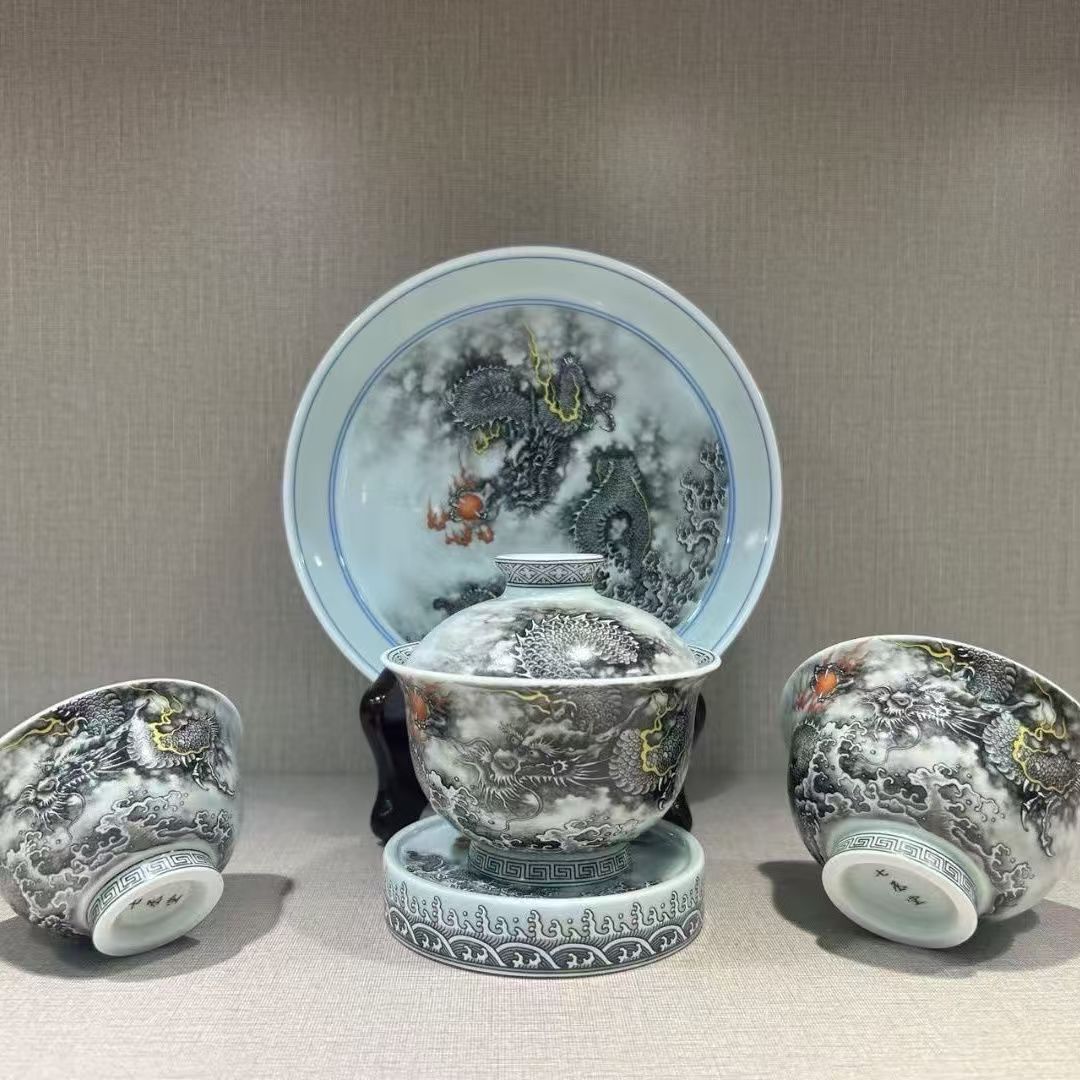 景德镇陶瓷茶具盖碗中式套装龙腾四海盖碗壶承主人杯一整套礼盒装