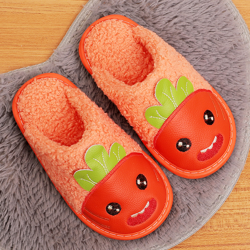 冬季卡通牛皮棉拖鞋厚底保暖橡胶防滑居家室内儿童泰迪毛绒包头