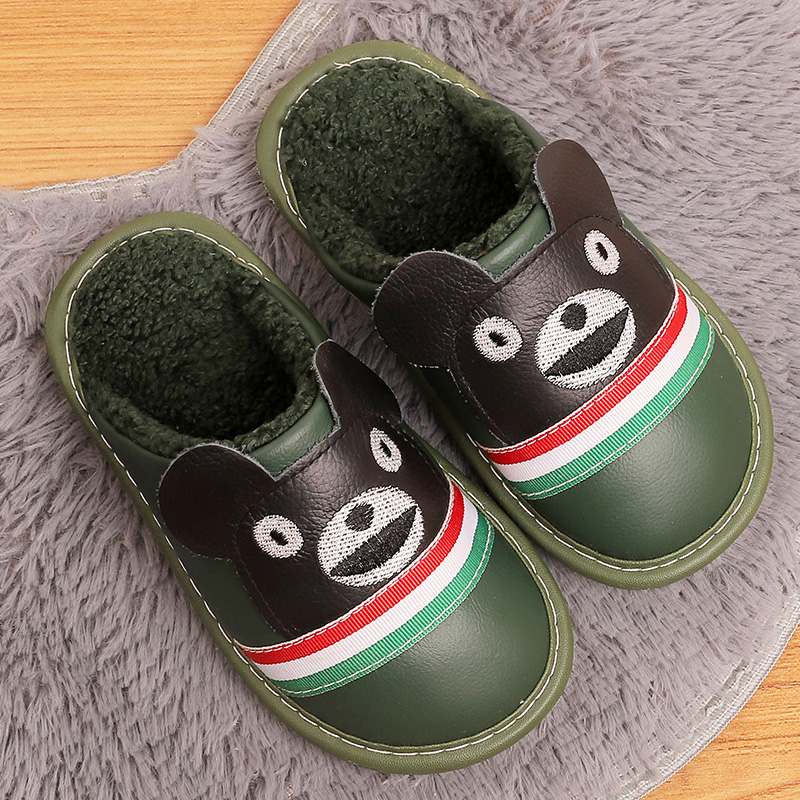 小熊真皮冬季男女居家牛皮拖鞋情侣家居地板防滑厚底卡通加绒棉鞋