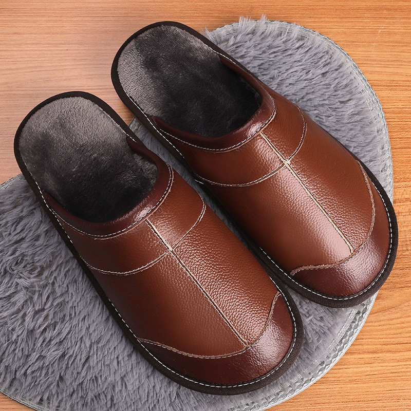 冬季真皮拖鞋家居家男女室内木地板牛皮加厚情侣加绒棉拖鞋厚底