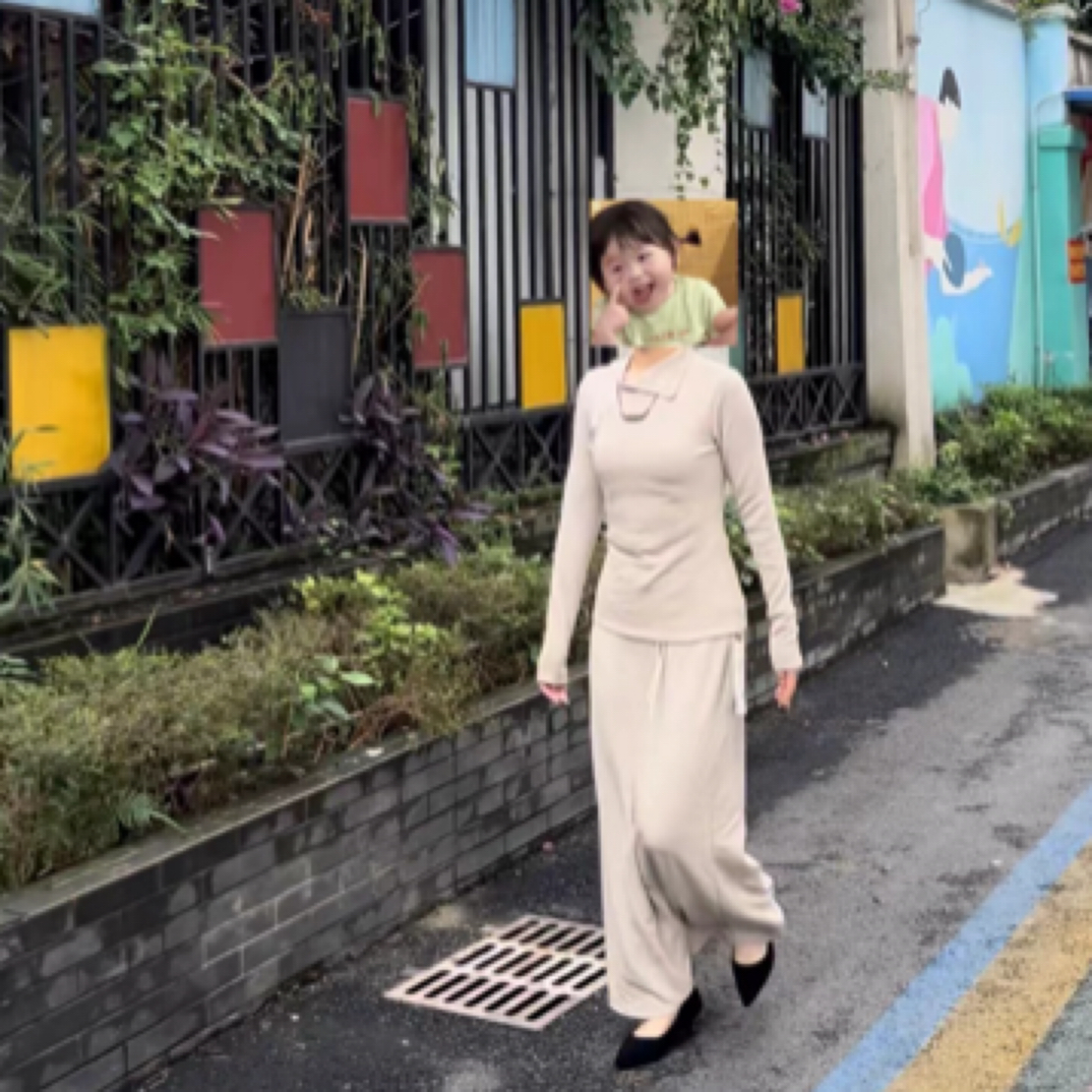 极简风荡领不规则长袖上衣松紧腰显瘦长裙套装