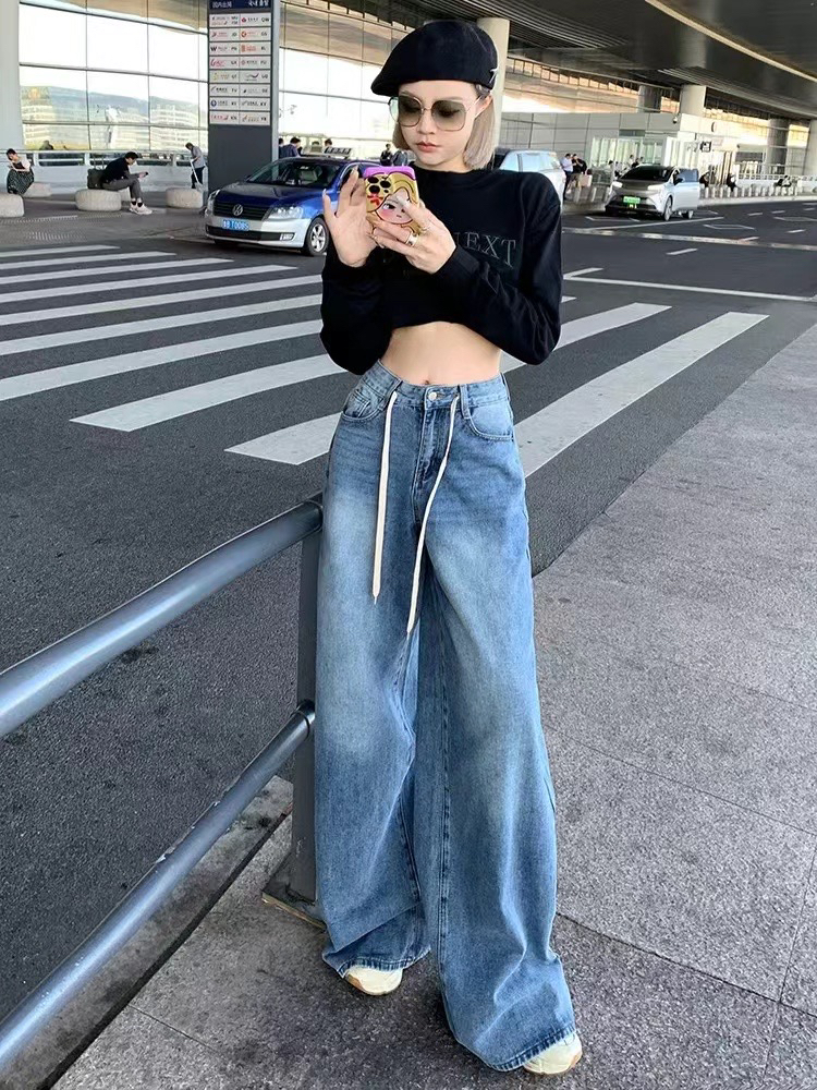大码微胖美式复古系带牛仔裤女夏季宽松休闲垂感直筒裤