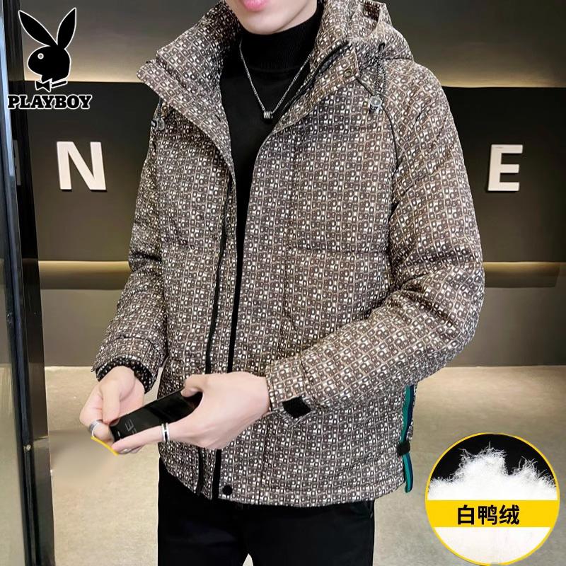 PLAYBOY冬季潮牌男款羽绒服男百搭连帽休闲时尚印花保暖外套男款